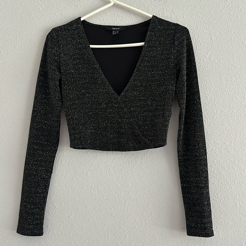 forever 21 sparkle black crop long sleeve small - Picture 1 of 5